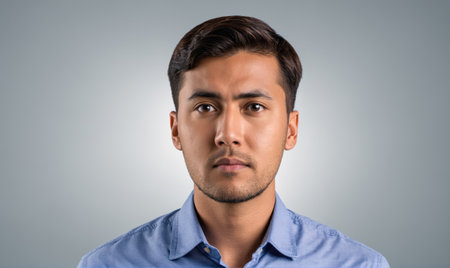 A man with short brown hair looks directly at the camera with a neutral expression while wearing a blue shirtの素材