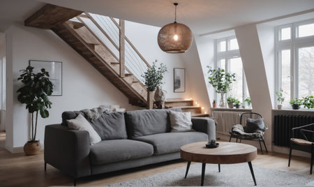 A modern living room with a gray couch, wooden coffee table, and a large light fixture hanging from the ceilingの素材