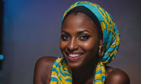 A woman with a bright smile wears a vibrant blue and yellow head scarf against a muted blue backgroundの素材