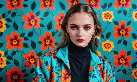 A young woman with bright red eyeshadow and lipstick stands in front of a turquoise floral backgroundの素材