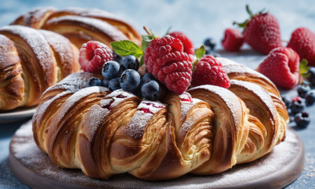 A flaky pastry topped with fresh raspberries and blueberries, dusted with powdered sugarの素材
