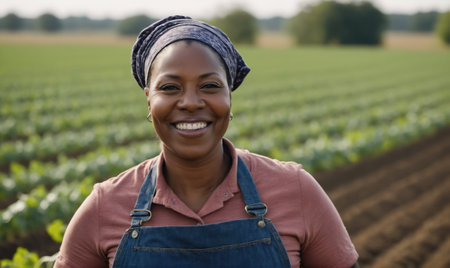 A woman smiles proudly in a field, her head covered by a patterned headwrapの素材