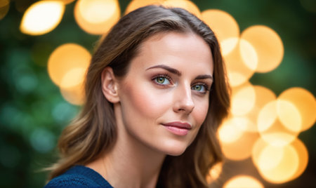 A woman with long brown hair and green eyes looks at the camera, standing in front of a blurry background of yellow lightsの素材