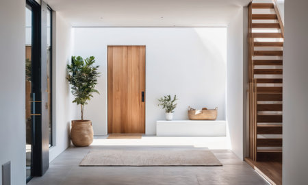 A modern homes entryway with a wooden door, plants, and a white benchの素材