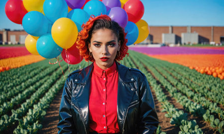 A woman with red hair stands in a field of colorful flowers, holding a bunch of balloonsの素材