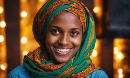 A woman wearing a green and gold headscarf smiles brightly in front of a backdrop of warm, blurry lightsの素材