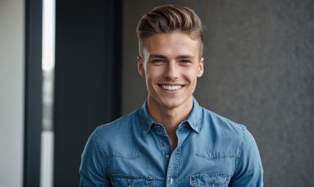 A young man smiles broadly, wearing a blue button-down shirt, in a modern, urban settingの素材