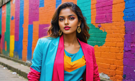 A woman in a colorful blazer stands in front of a vibrant graffiti wall in a city alleyの素材