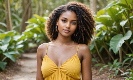 A woman with curly hair and a yellow dress stands on a path in a lush green forestの素材