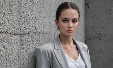 A woman in a gray blazer stands against a concrete wallの素材