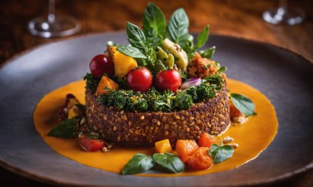 A colorful salad with tomatoes, squash, and basil is served on a gray plate with a bright orange sauceの素材