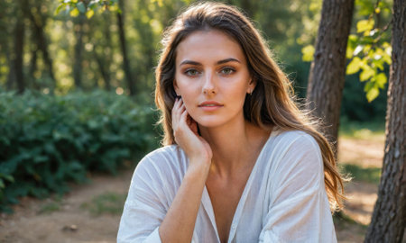 A woman with long brown hair sits in a forest, leaning her head on her handの素材