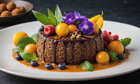 A chocolate cake drizzled with caramel and decorated with fruit and flowers sits on a white plateの素材