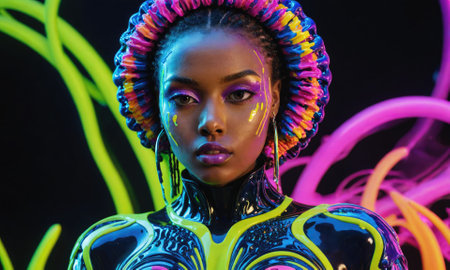 A woman with vibrant makeup and a colorful headpiece stares intensely at the camera in a studio settingの素材