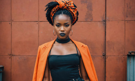 A woman in a black top and orange blazer stands in front of a rusty metal wallの素材