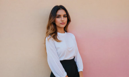 A woman with long brown hair is standing in front of a pink and beige wallの素材