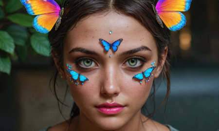 A woman with blue butterflies on her face looks intently at the cameraの素材