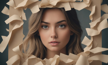 A woman with long brown hair and blue eyes gazes directly at the camera through a frame of torn paperの素材