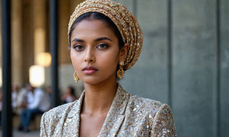 A woman in a gold turban and a sparkly blazer poses for a photo outsideの素材