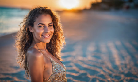 A woman with curly hair smiles at the camera on a beach at sunsetの素材