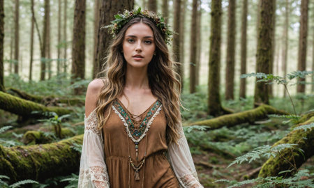 A woman with a flower crown stands in a forestの素材