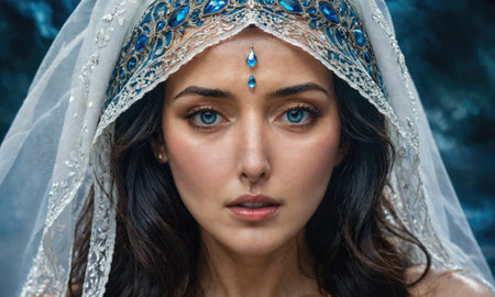 A woman with long, dark hair wears a white veil with blue jewelsの素材