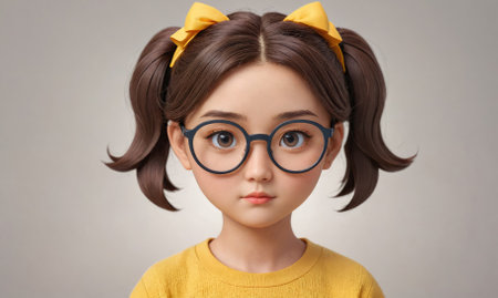 A young girl with brown hair, wearing yellow bows and round glasses, stares directly at the cameraの素材