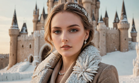 A young woman in a brown coat stands in front of a large, snowy castleの素材