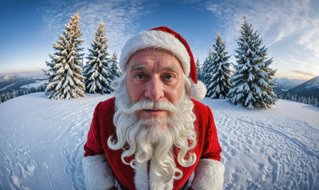 Santa Claus smiles in a snowy mountain landscape, surrounded by pine treesの素材