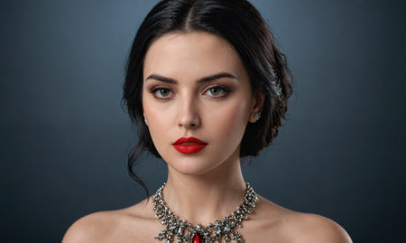 A woman with dark hair and red lipstick poses for a photo in front of a blue backgroundの素材