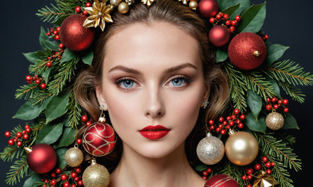 A woman wearing a wreath of Christmas ornamentsの素材