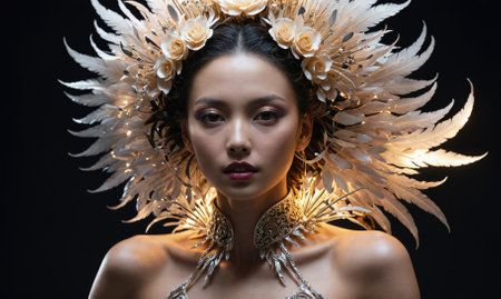 A woman wearing a large, white feathered headpiece with flowers looks intensely at the camera in a studio settingの素材