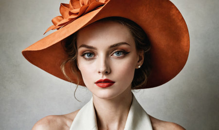 A woman in a wide-brimmed orange hat looks directly at the cameraの素材