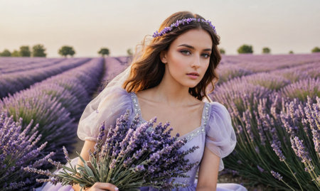 A woman in a lavender field holds a bouquet of lavenderの素材