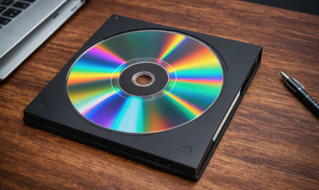 A shiny DVD sits in a black case on a wooden deskの素材