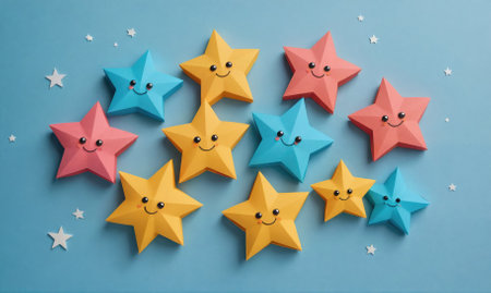 Colorful paper stars with smiling faces are arranged on a blue backgroundの素材