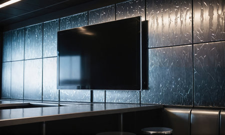 A flat screen TV is mounted on a textured gray wall in an empty lounge spaceの素材