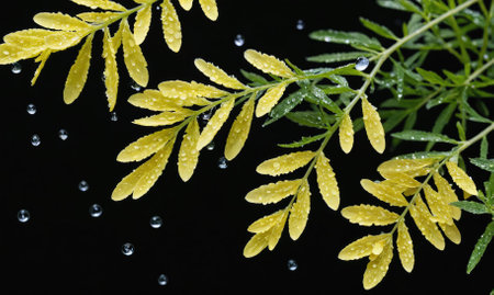 Green and yellow leaves with water droplets on a black backgroundの素材