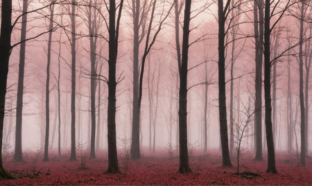 A misty forest with tall, bare trees stands shrouded in a soft, pink lightの素材