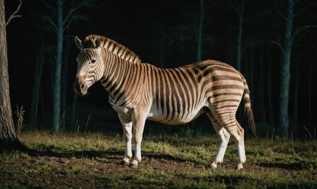 A zebra stands in a dark forest at nightの素材
