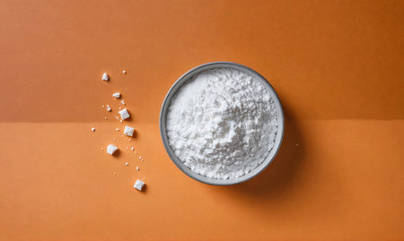 A bowl of white powder sits on an orange surface, with small pieces of the powder scattered around itの素材