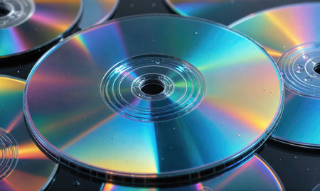 A close-up of several CDs with rainbow-colored reflections lying on a dark surfaceの素材