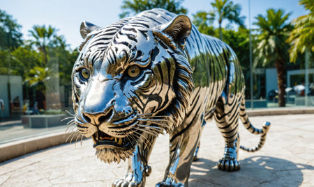 A large, stainless steel tiger sculpture stands in a city park on a sunny dayの素材