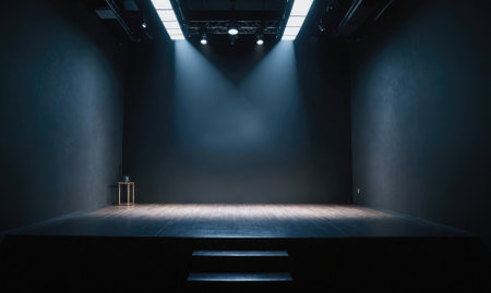 An empty stage with overhead lights shines on the wooden floor and stepsの素材