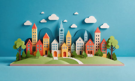 A paper cityscape with colorful buildings, trees, and clouds against a blue backgroundの素材