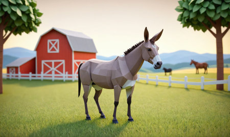 A gray donkey stands in a field near a red barnの素材