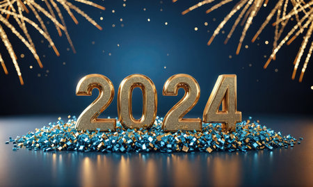 Golden 2024 sits on a bed of blue and gold confetti against a blue background with fireworks in the backgroundの素材