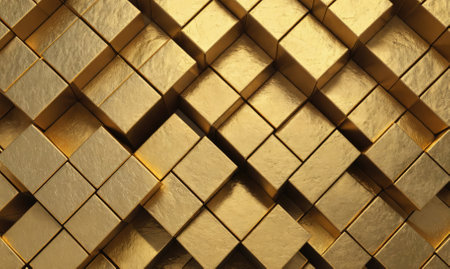 A close-up of gold cubes stacked in a geometric patternの素材