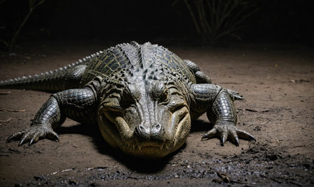 A large alligator rests on the ground, its scales catching the light in the darknessの素材