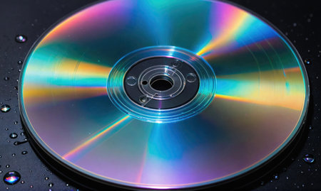A shiny, silver CD sits on a dark surface with water droplets around itの素材